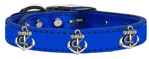 Silver Anchor Widget Genuine Metallic Leather Dog Collar Blue 10