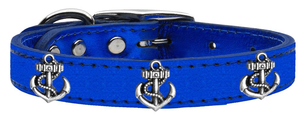 Silver Anchor Widget Genuine Metallic Leather Dog Collar Blue 12