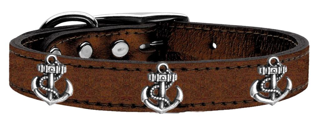 Silver Anchor Widget Genuine Metallic Leather Dog Collar Bronze 10