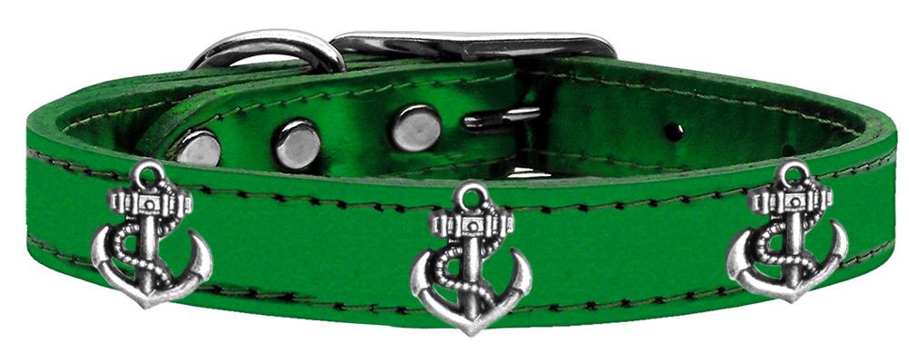 Silver Anchor Widget Genuine Metallic Leather Dog Collar Emerald Green 10