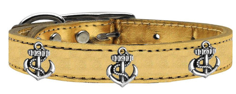 Silver Anchor Widget Genuine Metallic Leather Dog Collar Gold 14