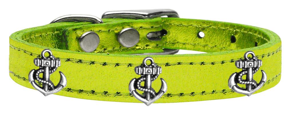 Silver Anchor Widget Genuine Metallic Leather Dog Collar Lime Green 10