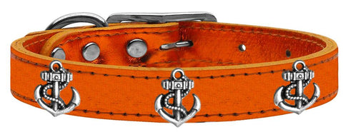 Silver Anchor Widget Genuine Metallic Leather Dog Collar Orange 10