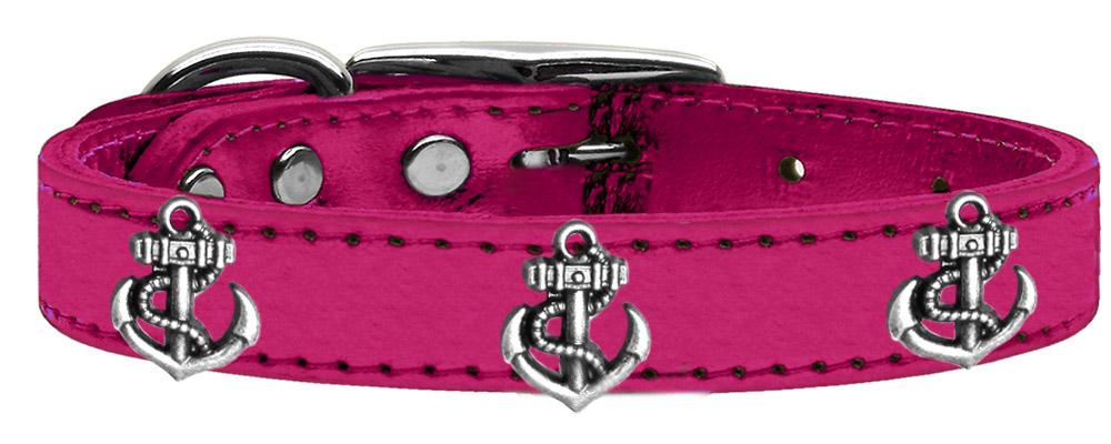 Silver Anchor Widget Genuine Metallic Leather Dog Collar Pink 12