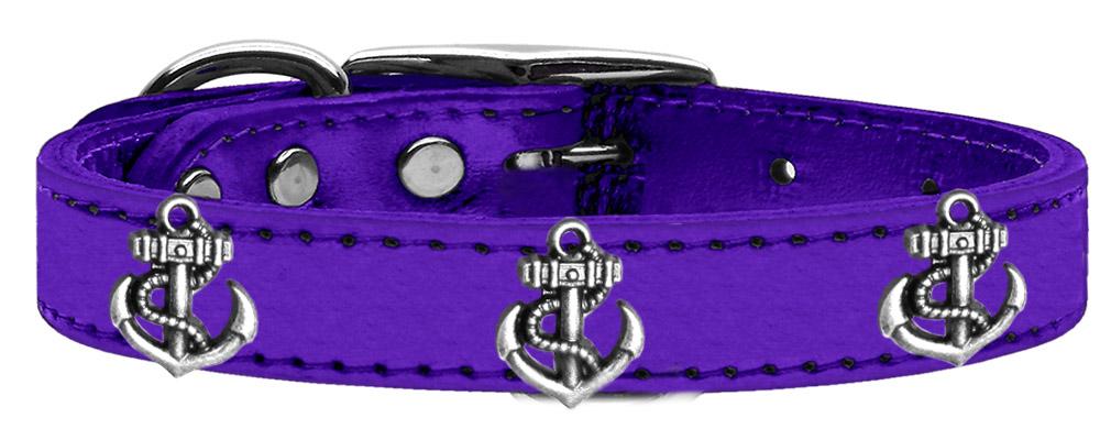 Silver Anchor Widget Genuine Metallic Leather Dog Collar Purple 10