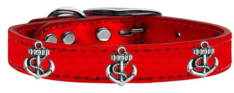 Silver Anchor Widget Genuine Metallic Leather Dog Collar Red 10