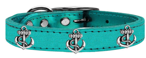 Silver Anchor Widget Genuine Metallic Leather Dog Collar Turquoise 10