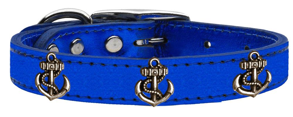 Bronze Anchor Widget Genuine Metallic Leather Dog Collar Blue 10