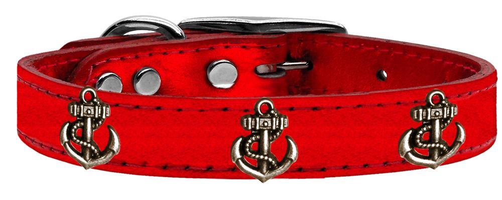 Bronze Anchor Widget Genuine Metallic Leather Dog Collar Red 10