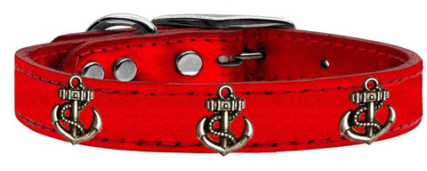 Bronze Anchor Widget Genuine Metallic Leather Dog Collar Red 16