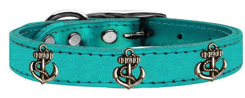 Bronze Anchor Widget Genuine Metallic Leather Dog Collar Turquoise 10