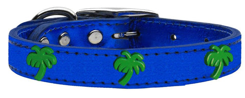 Green Palm Tree Widget Genuine Metallic Leather Dog Collar Blue 10