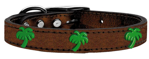 Green Palm Tree Widget Genuine Metallic Leather Dog Collar Bronze 10