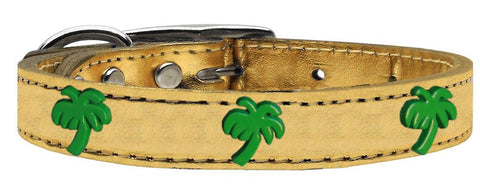 Green Palm Tree Widget Genuine Metallic Leather Dog Collar Gold 10