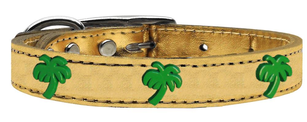 Green Palm Tree Widget Genuine Metallic Leather Dog Collar Gold 20