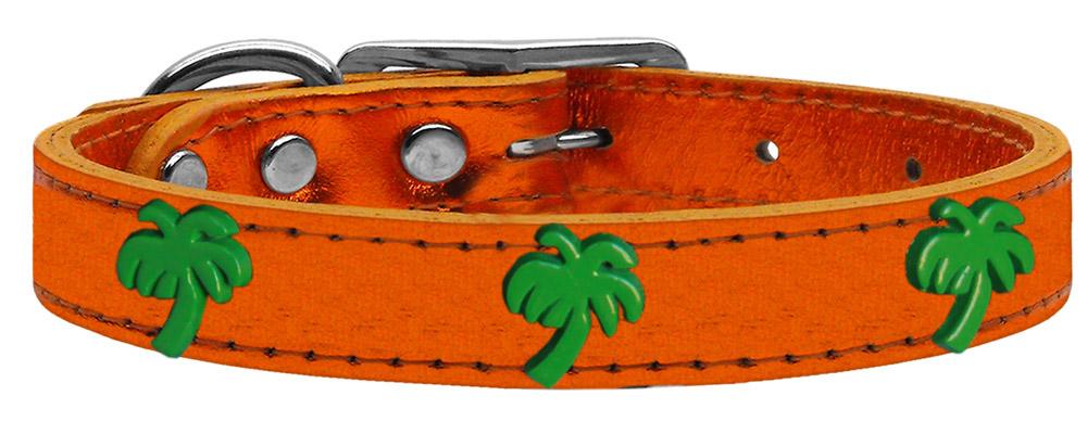 Green Palm Tree Widget Genuine Metallic Leather Dog Collar Orange 10