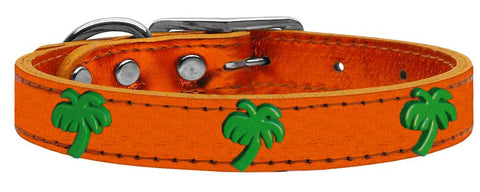 Green Palm Tree Widget Genuine Metallic Leather Dog Collar Orange 10