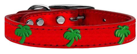 Green Palm Tree Widget Genuine Metallic Leather Dog Collar Red 10