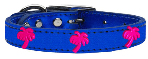 Pink Palm Tree Widget Genuine Metallic Leather Dog Collar Blue 10