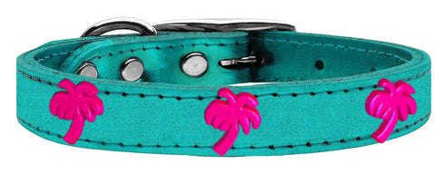Pink Palm Tree Widget Genuine Metallic Leather Dog Collar Turquoise 16