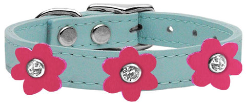 Flower Leather Collar Baby Blue With Pink Flowers Size 14