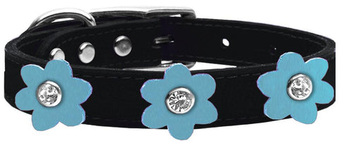 Flower Leather Collar Black With Baby Blue Flowers Size 10