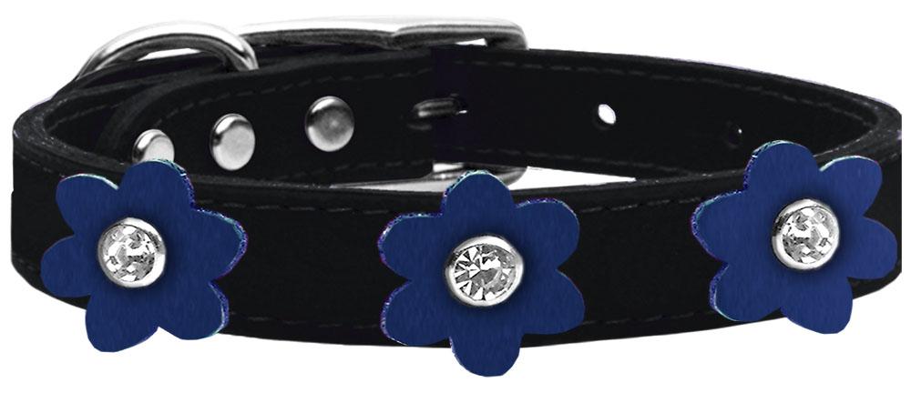 Flower Leather Collar Black With Blue Flowers Size 18