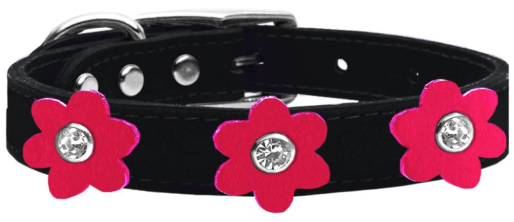 Flower Leather Collar Black With Bright Pink Flowers Size 12