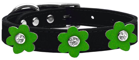 Flower Leather Collar Black With Emerald Green Flowers Size 10