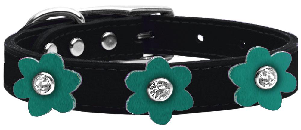 Flower Leather Collar Black With Jade Flowers Size 16