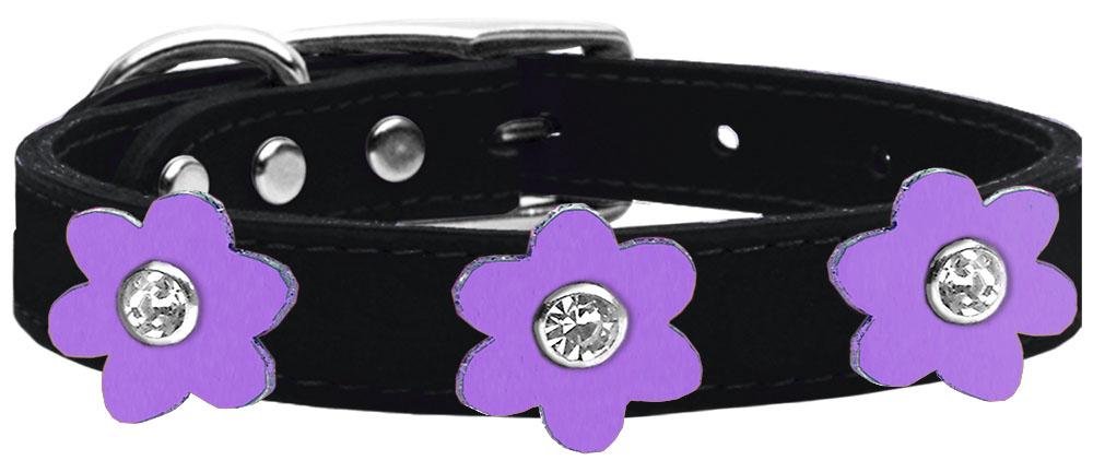 Flower Leather Collar Black With Lavender Flowers Size 12