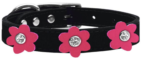 Flower Leather Collar Black With Pink Flowers Size 10