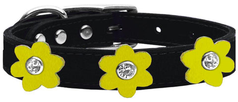 Flower Leather Collar Black With Yellow Flowers Size 12