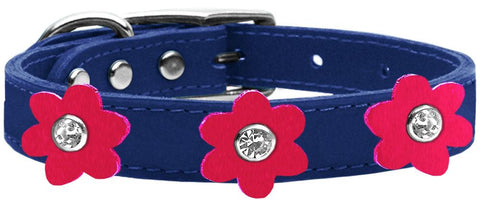 Flower Leather Collar Blue With Bright Pink Flowers Size 10