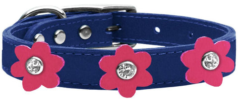 Flower Leather Collar Blue With Pink Flowers Size 10