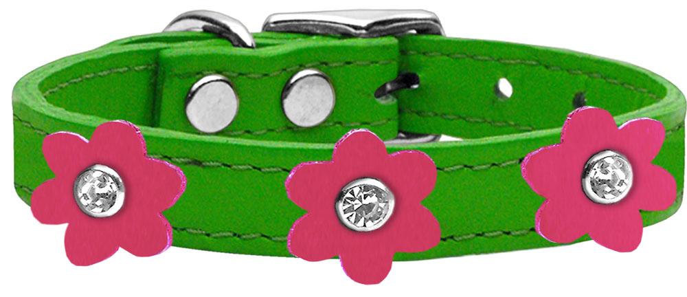 Flower Leather Collar Emerald Green With Pink Flowers Size 20