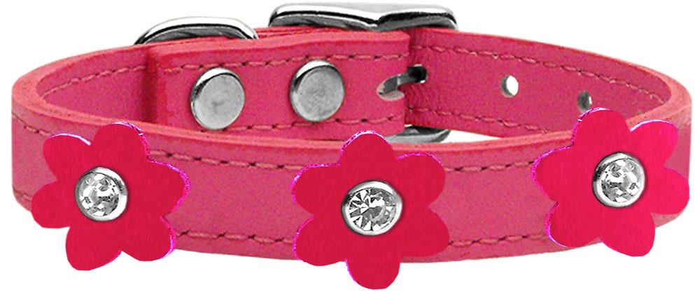 Flower Leather Collar Pink With Bright Pink Flowers Size 10