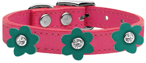 Flower Leather Collar Pink With Jade Flowers Size 16