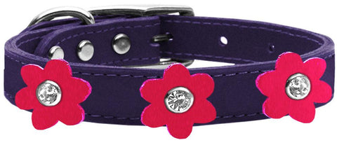 Flower Leather Collar Purple With Bright Pink Flowers Size 18