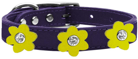 Flower Leather Collar Purple With Yellow Flowers Size 10