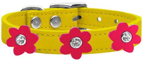 Flower Leather Collar Yellow With Bright Pink Flowers Size 12