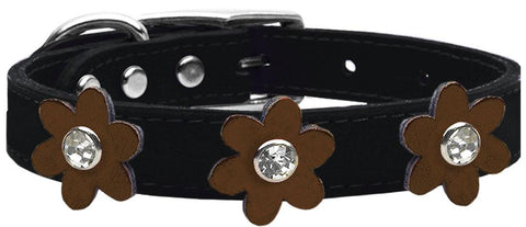 Metallic Flower Leather Collar Black With Bronze Flowers Size 10