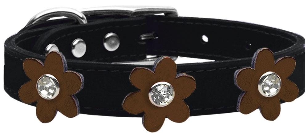 Metallic Flower Leather Collar Black With Bronze Flowers Size 18