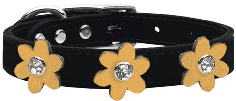 Metallic Flower Leather Collar Black With Gold Flowers Size 10