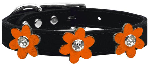 Metallic Flower Leather Collar Black With Metallic Orange Flowers Size 12