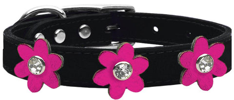 Metallic Flower Leather Collar Black With Metallic Pink Flowers Size 10