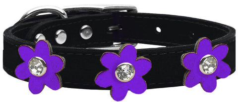 Metallic Flower Leather Collar Black With Metallic Purple Flowers Size 10