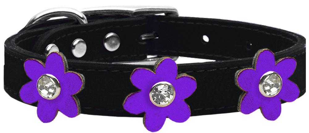 Metallic Flower Leather Collar Black With Metallic Purple Flowers Size 16