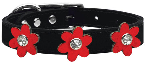 Metallic Flower Leather Collar Black With Metallic Red Flowers Size 14