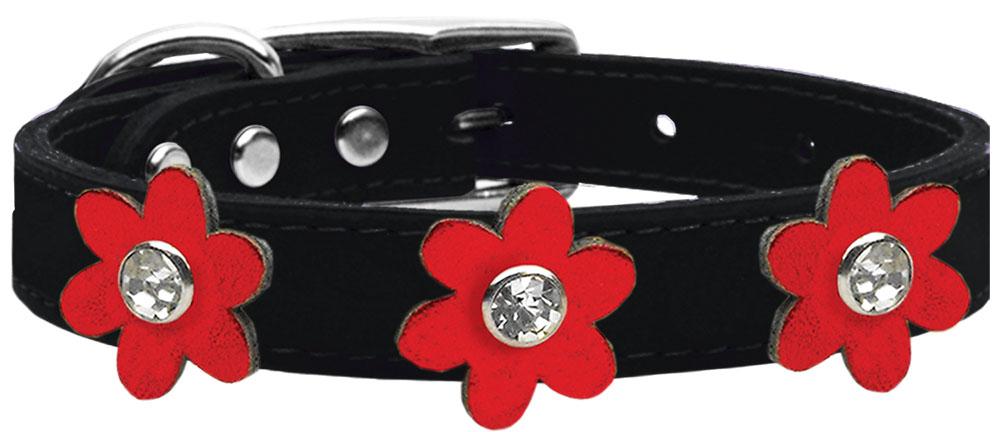 Metallic Flower Leather Collar Black With Metallic Red Flowers Size 18